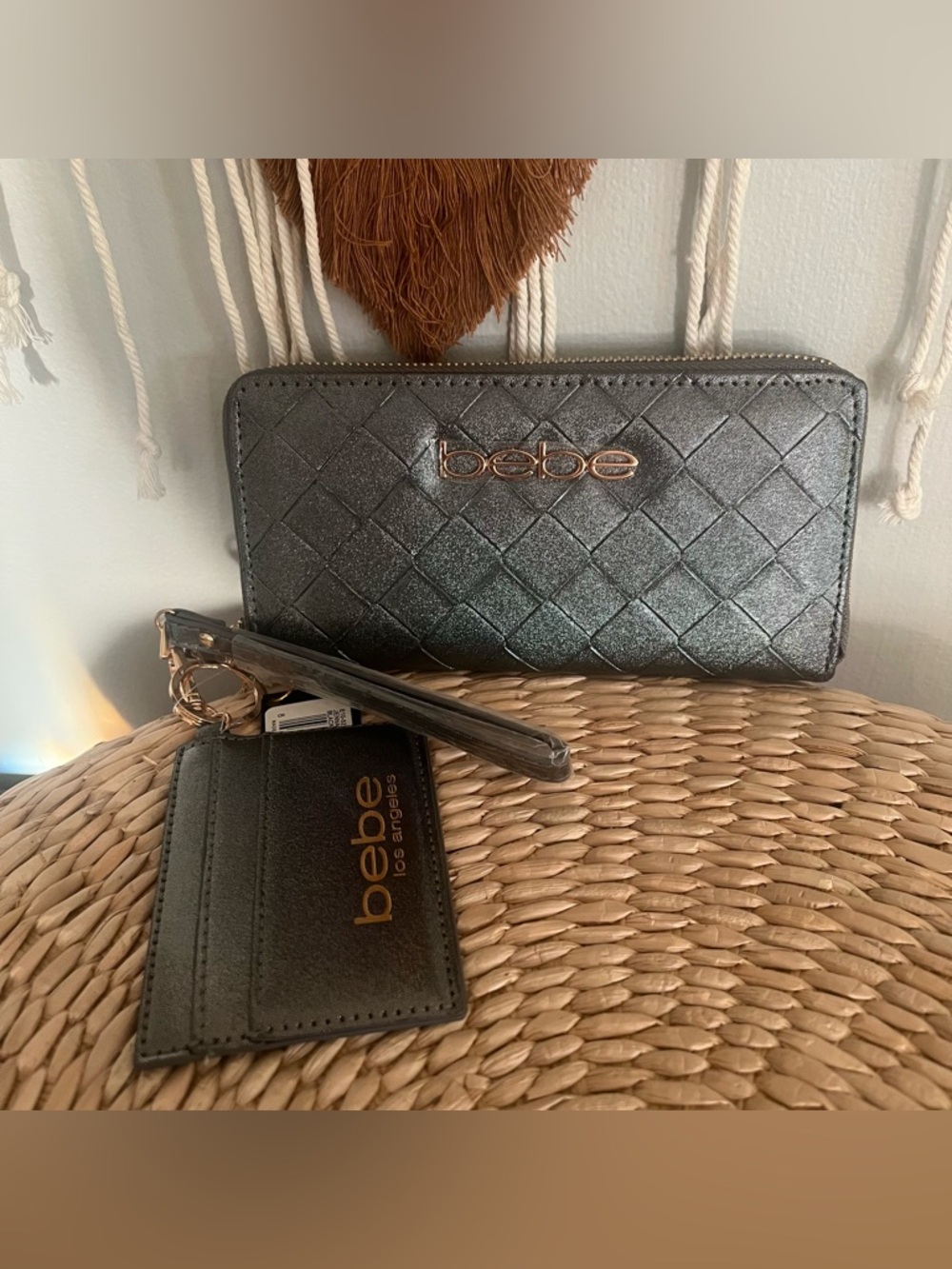 bebe Metallic Gunmetal Quilted Zip Wallet with Card Holder